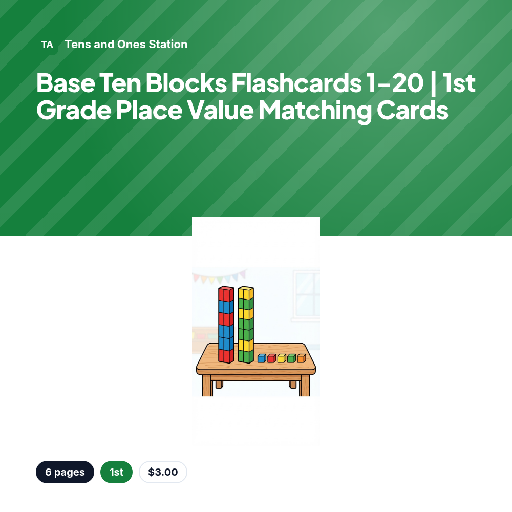 Base Ten Blocks Flashcards 1-20 | 1st Grade Place Value Matching Cards