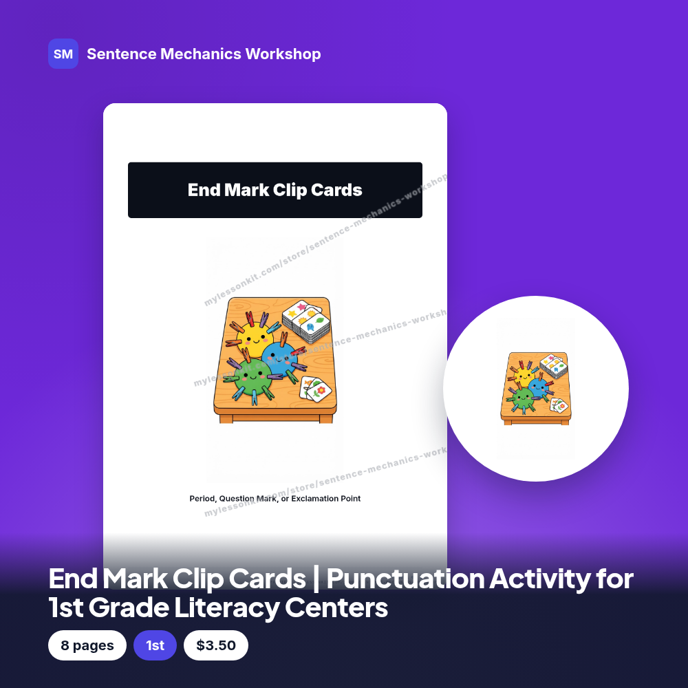 End Mark Clip Cards | Punctuation Activity for 1st Grade Literacy Centers