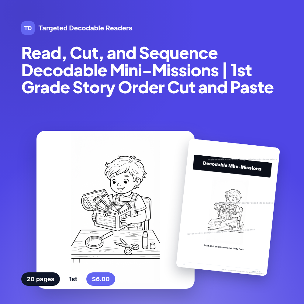 Read, Cut, and Sequence Decodable Mini-Missions | 1st Grade Story Order Cut and Paste