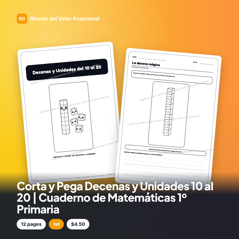 Corta y Pega Decenas y Unidades 10 al 20 | Cuaderno de Matemáticas 1º Primaria