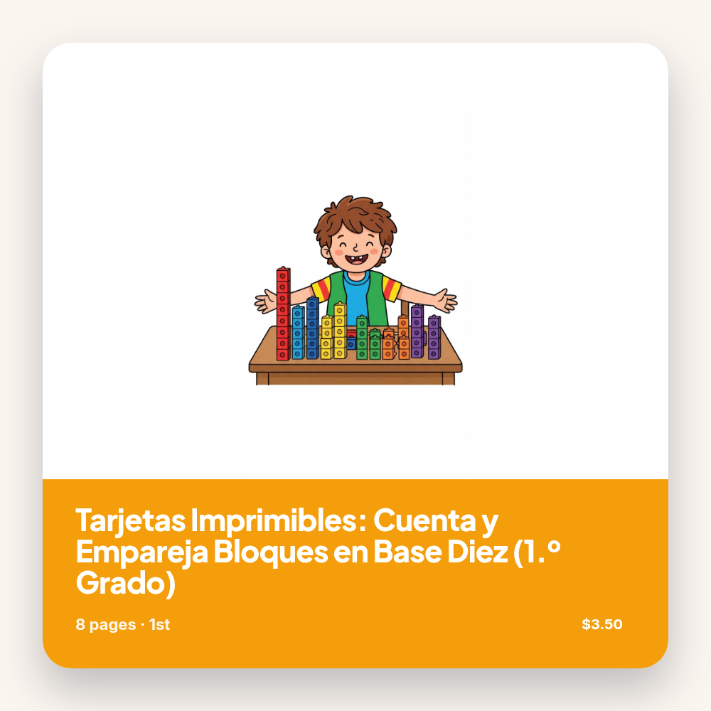 Tarjetas Imprimibles: Cuenta y Empareja Bloques en Base Diez (1.º Grado)