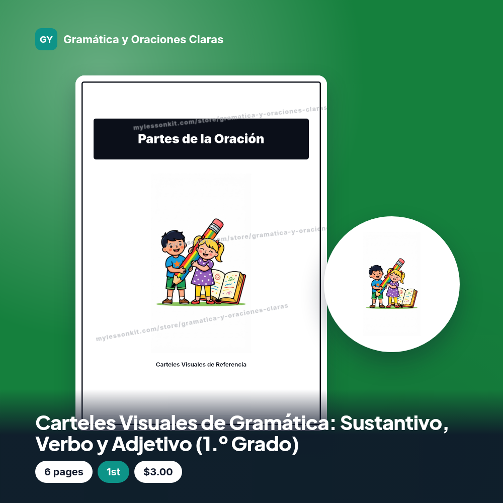 Carteles Visuales de Gramática: Sustantivo, Verbo y Adjetivo (1.º Grado)