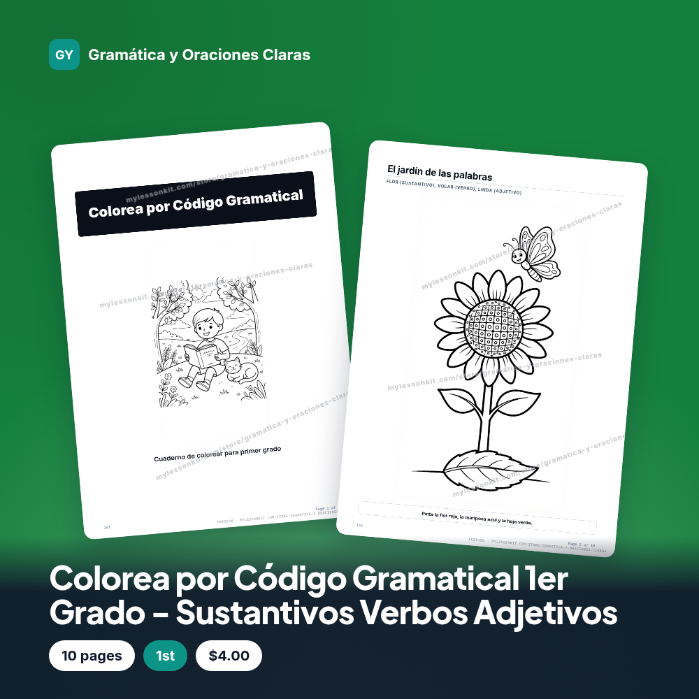 Colorea por Código Gramatical 1er Grado - Sustantivos Verbos Adjetivos