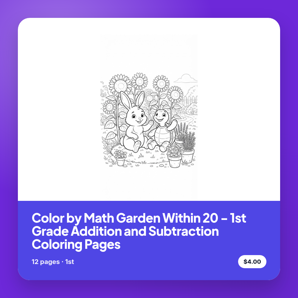 Color by Math Garden Within 20 - 1st Grade Addition and Subtraction Coloring Pages