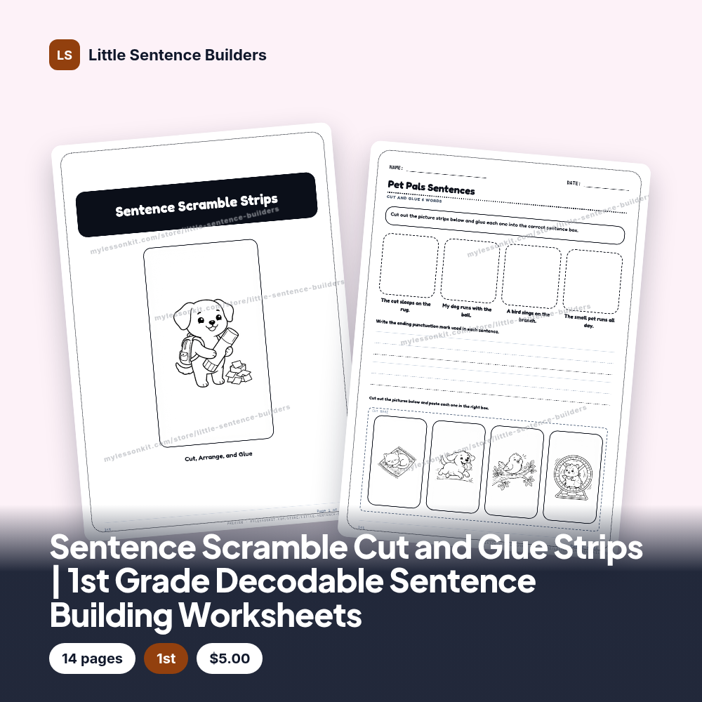 Sentence Scramble Cut and Glue Strips | 1st Grade Decodable Sentence Building Worksheets