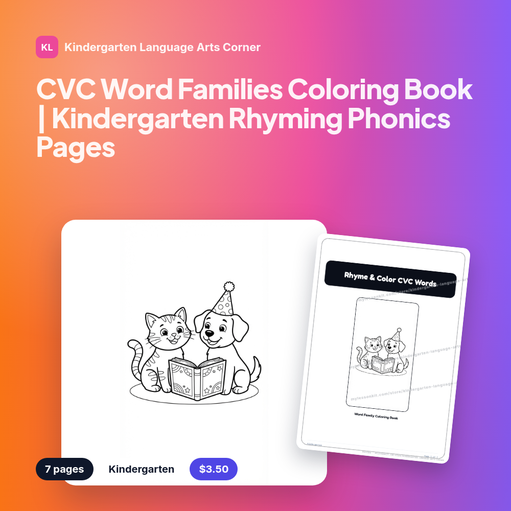 CVC Word Families Coloring Book | Kindergarten Rhyming Phonics Pages