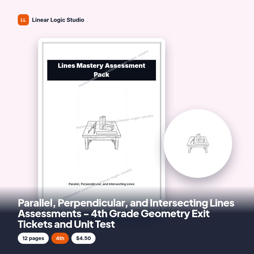 Parallel, Perpendicular, and Intersecting Lines Assessments - 4th Grade Geometry Exit Tickets and Unit Test