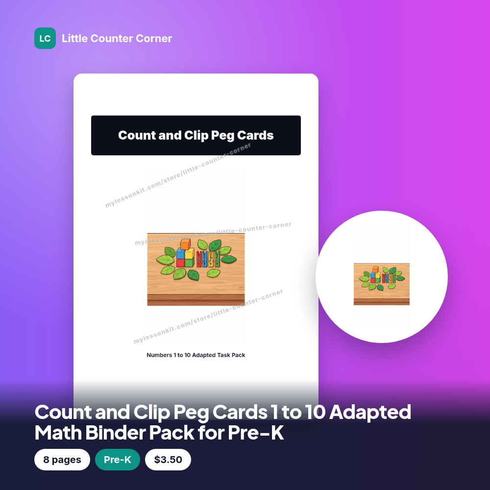 Count and Clip Peg Cards 1 to 10 Adapted Math Binder Pack for Pre-K