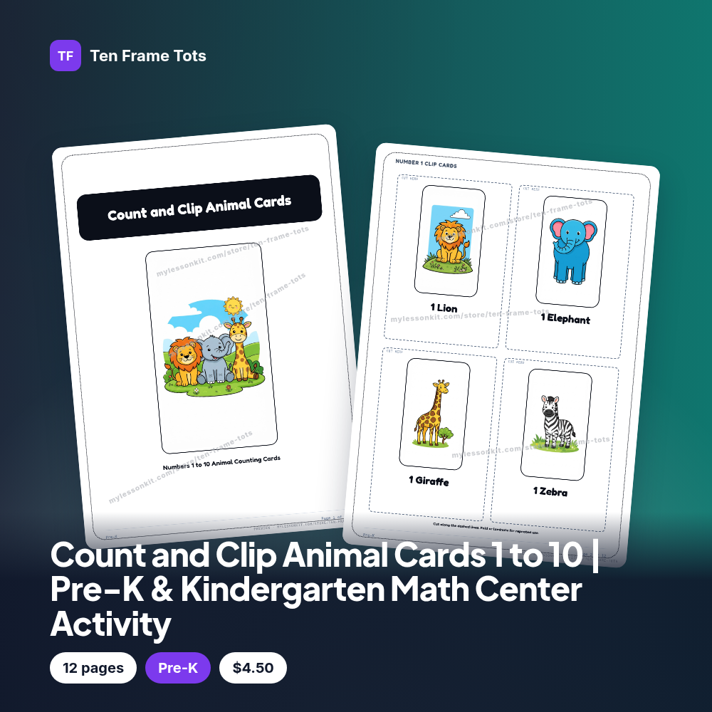 Count and Clip Animal Cards 1 to 10 | Pre-K & Kindergarten Math Center Activity