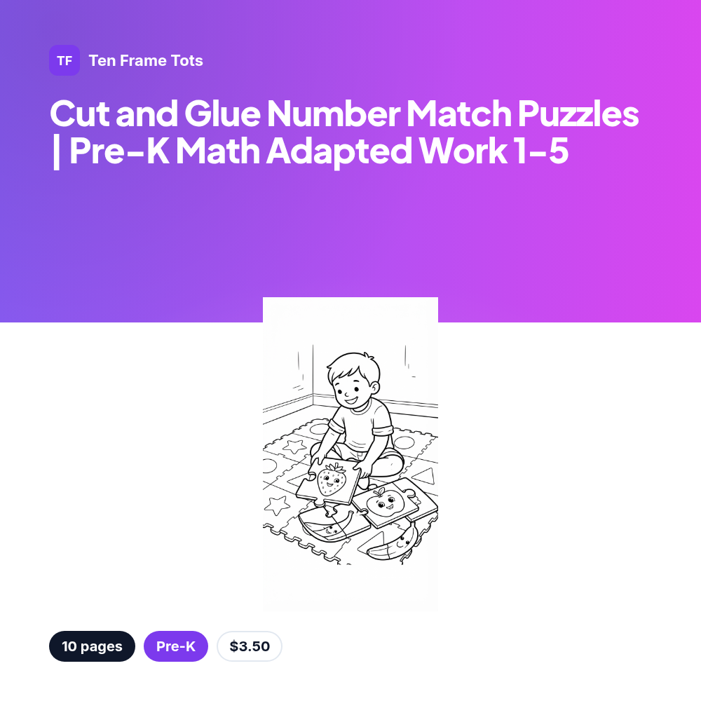 Cut and Glue Number Match Puzzles | Pre-K Math Adapted Work 1-5