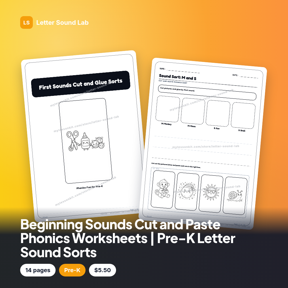 Beginning Sounds Cut and Paste Phonics Worksheets | Pre-K Letter Sound Sorts
