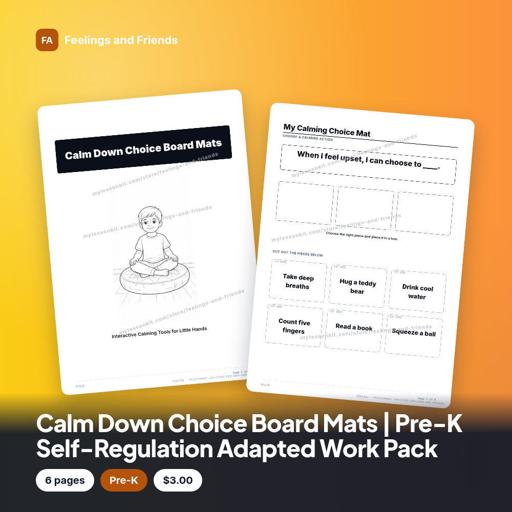Calm Down Choice Board Mats | Pre-K Self-Regulation Adapted Work Pack