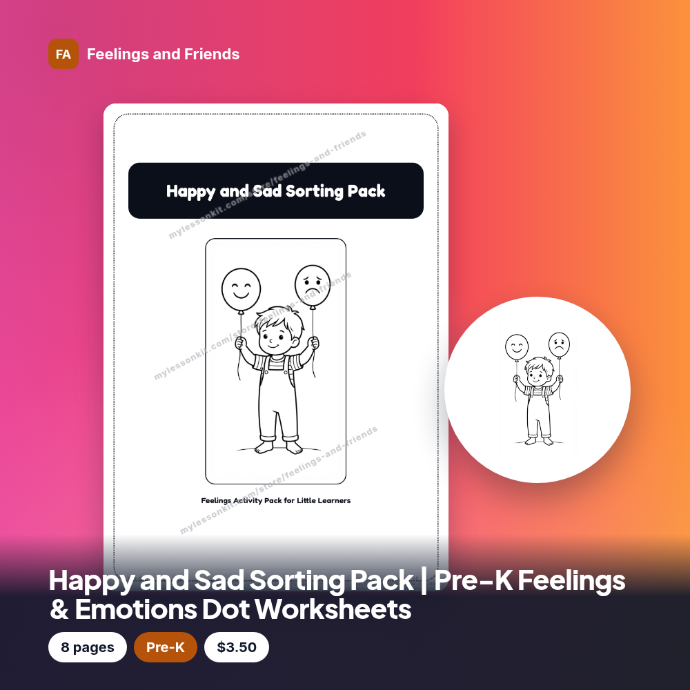 Happy and Sad Sorting Pack | Pre-K Feelings & Emotions Dot Worksheets