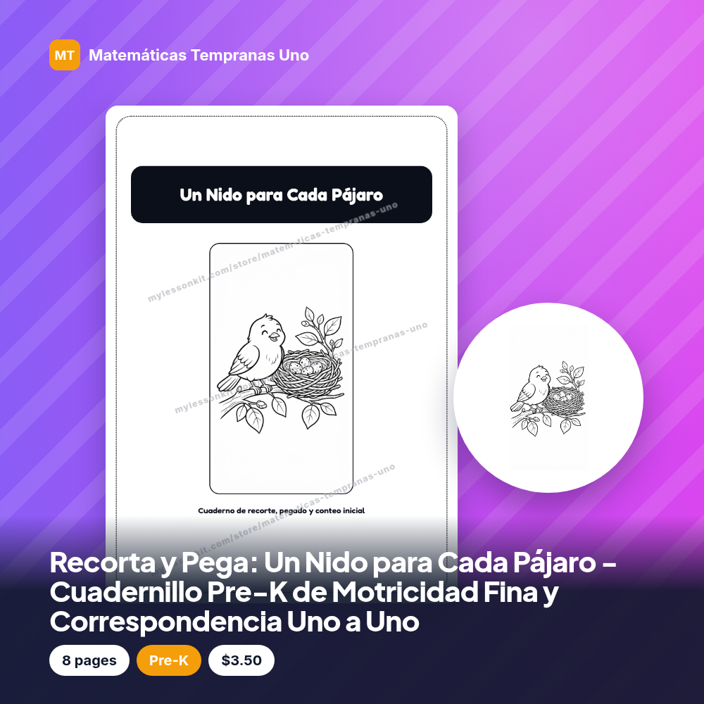 Recorta y Pega: Un Nido para Cada Pájaro - Cuadernillo Pre-K de Motricidad Fina y Correspondencia Uno a Uno