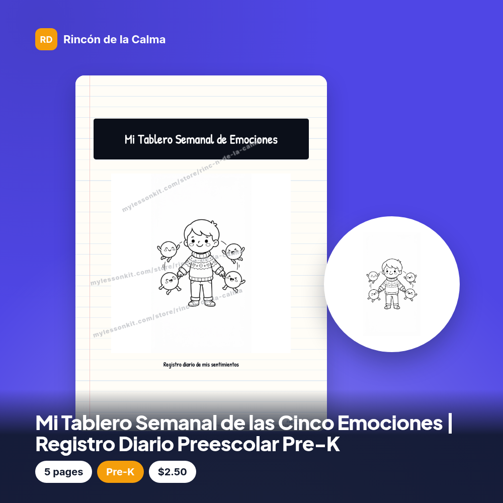 Mi Tablero Semanal de las Cinco Emociones | Registro Diario Preescolar Pre-K