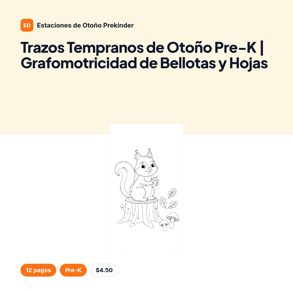 Trazos Tempranos de Otoño Pre-K | Grafomotricidad de Bellotas y Hojas