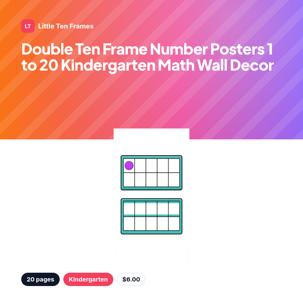 Double Ten Frame Number Posters 1 to 20 Kindergarten Math Wall Decor