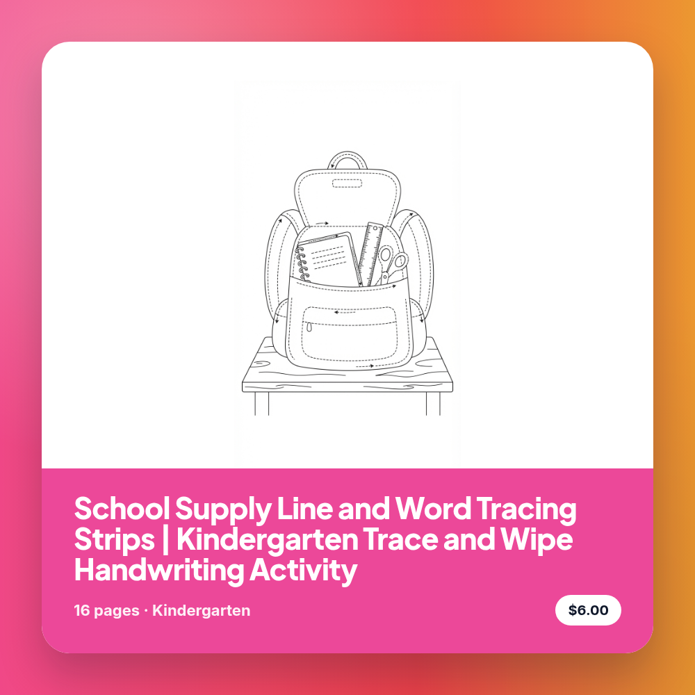 School Supply Line and Word Tracing Strips | Kindergarten Trace and Wipe Handwriting Activity