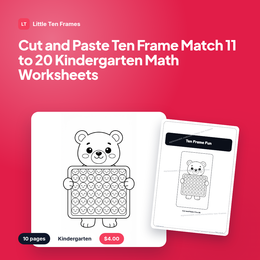 Cut and Paste Ten Frame Match 11 to 20 Kindergarten Math Worksheets