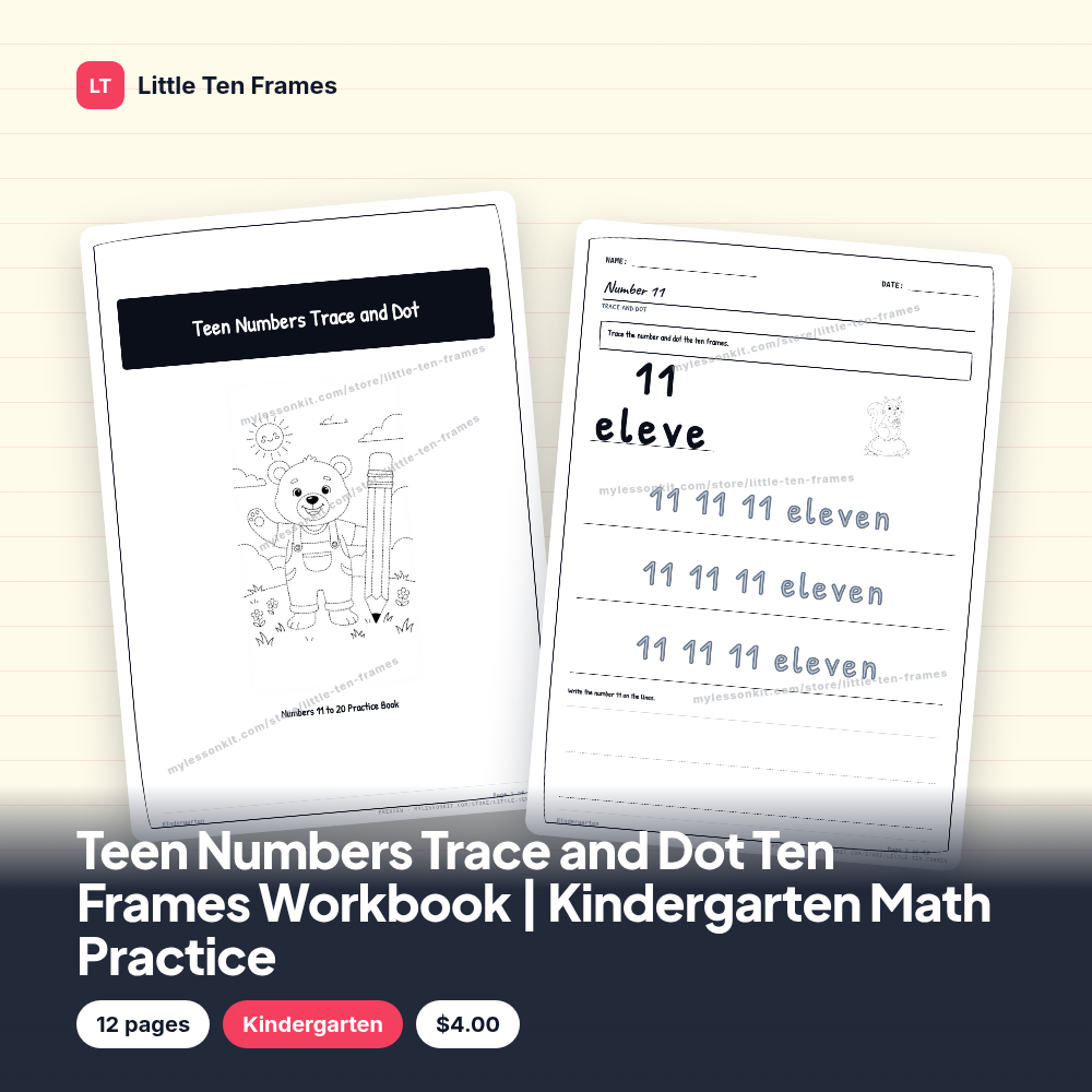 Teen Numbers Trace and Dot Ten Frames Workbook | Kindergarten Math Practice