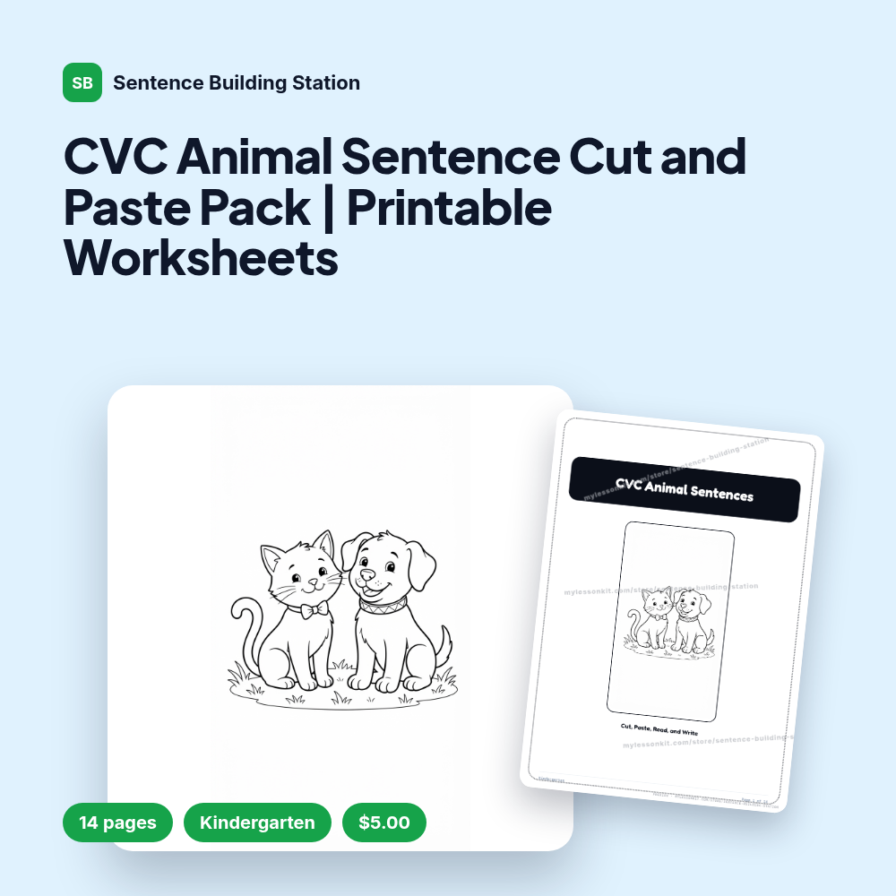CVC Animal Sentence Cut and Paste Pack | Printable Worksheets