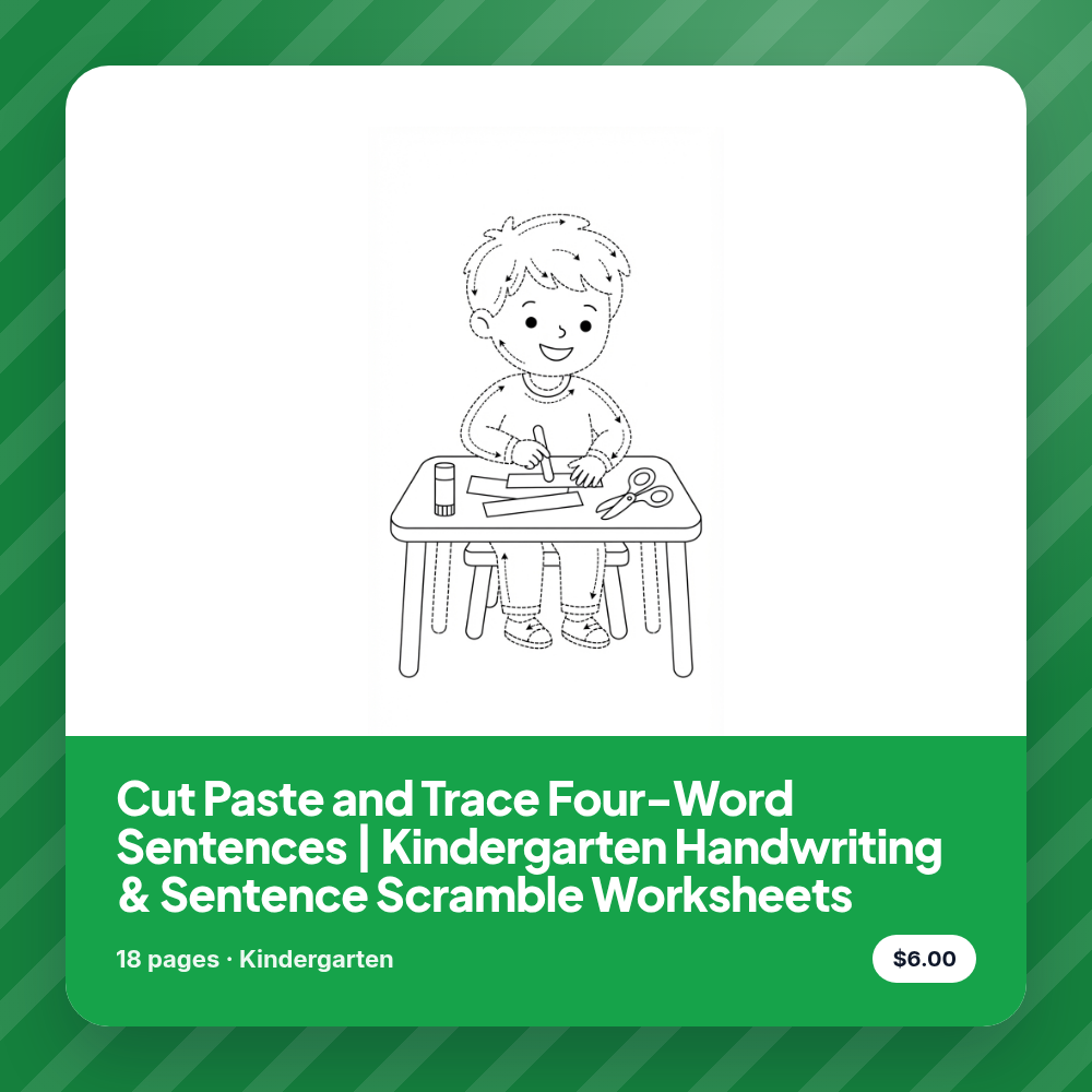Cut Paste and Trace Four-Word Sentences | Kindergarten Handwriting & Sentence Scramble Worksheets
