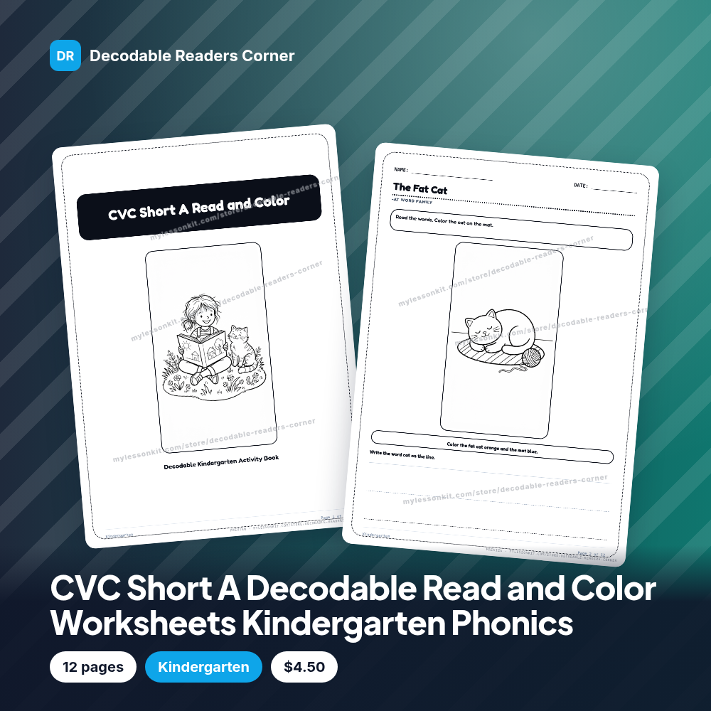 CVC Short A Decodable Read and Color Worksheets Kindergarten Phonics