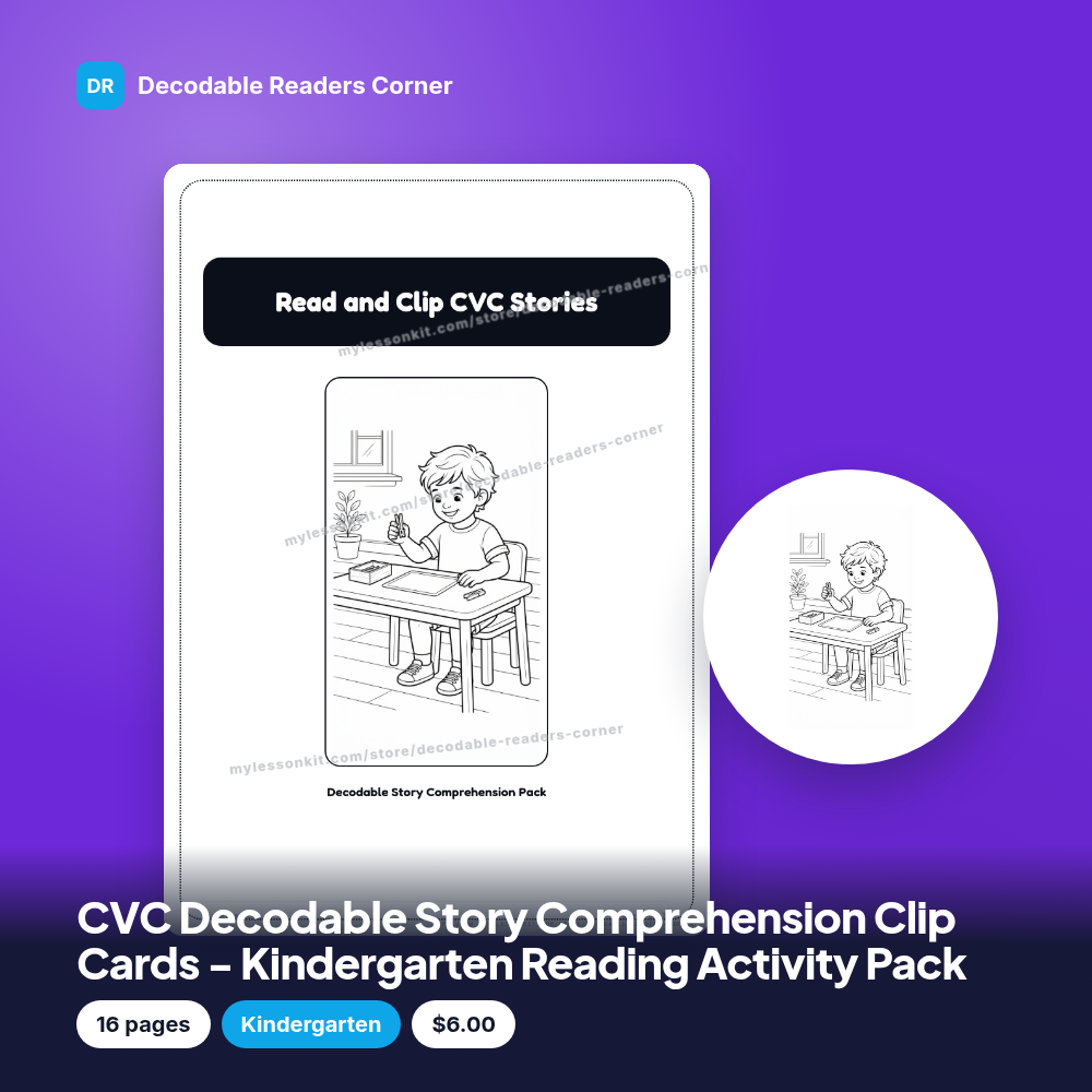 CVC Decodable Story Comprehension Clip Cards - Kindergarten Reading Activity Pack