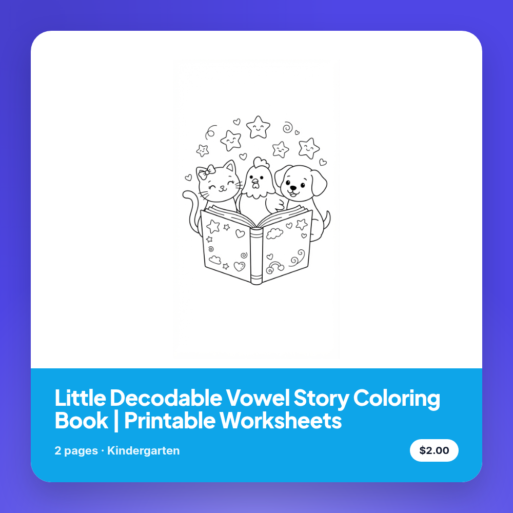 Little Decodable Vowel Story Coloring Book | Printable Worksheets