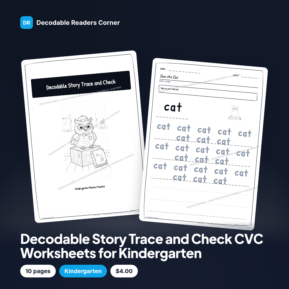 Decodable Story Trace and Check CVC Worksheets for Kindergarten