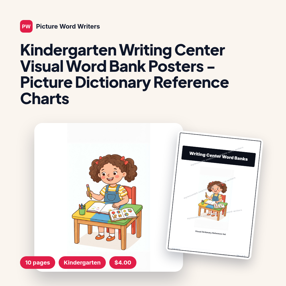 Kindergarten Writing Center Visual Word Bank Posters - Picture Dictionary Reference Charts