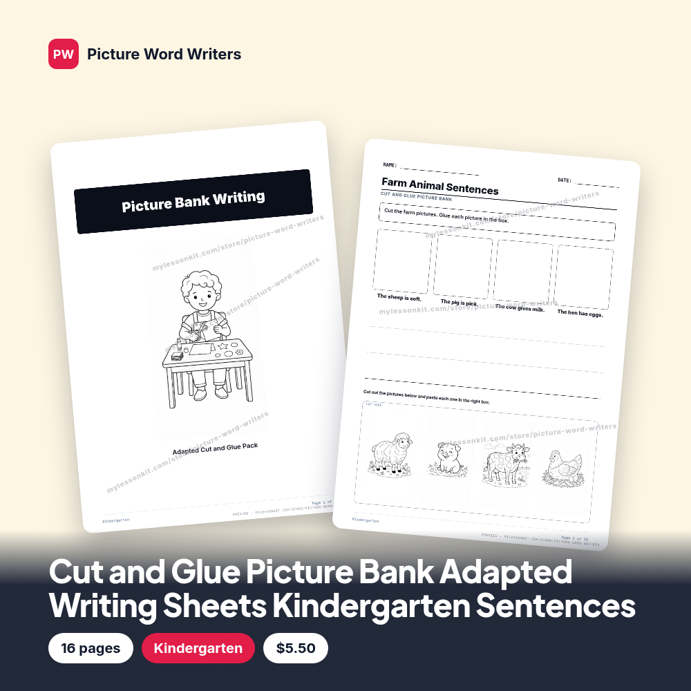 Cut and Glue Picture Bank Adapted Writing Sheets Kindergarten Sentences