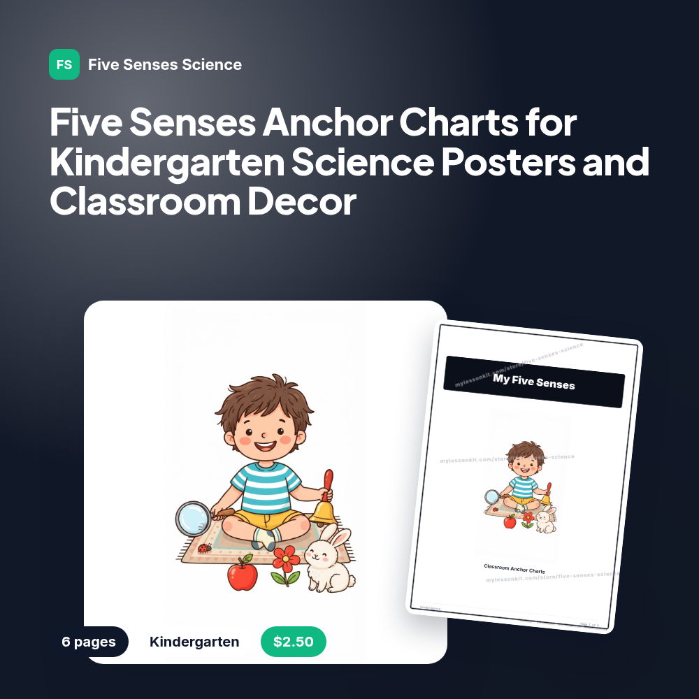 Five Senses Anchor Charts for Kindergarten Science Posters and Classroom Decor