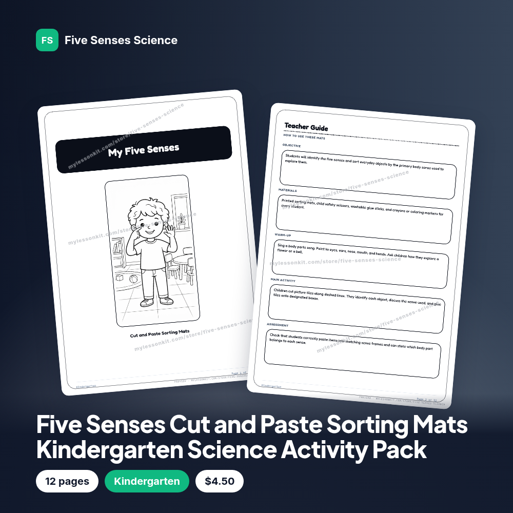 Five Senses Cut and Paste Sorting Mats Kindergarten Science Activity Pack