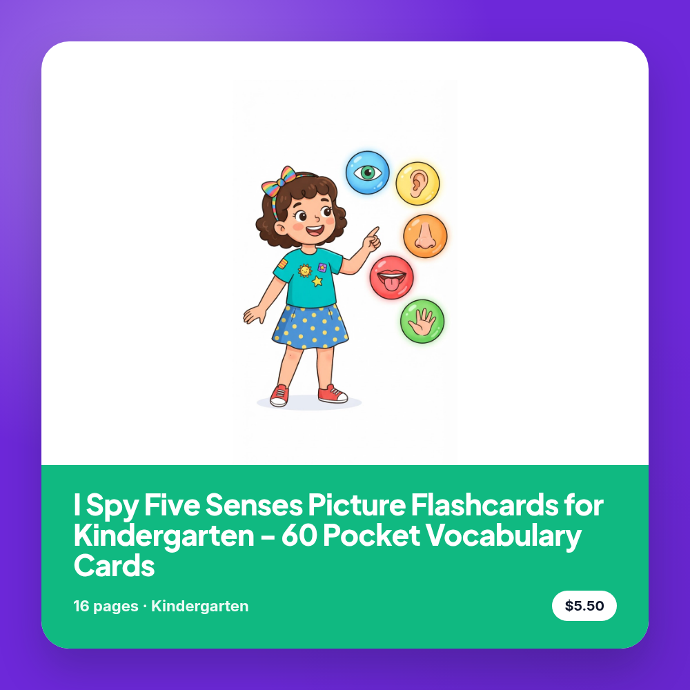 I Spy Five Senses Picture Flashcards for Kindergarten - 60 Pocket Vocabulary Cards