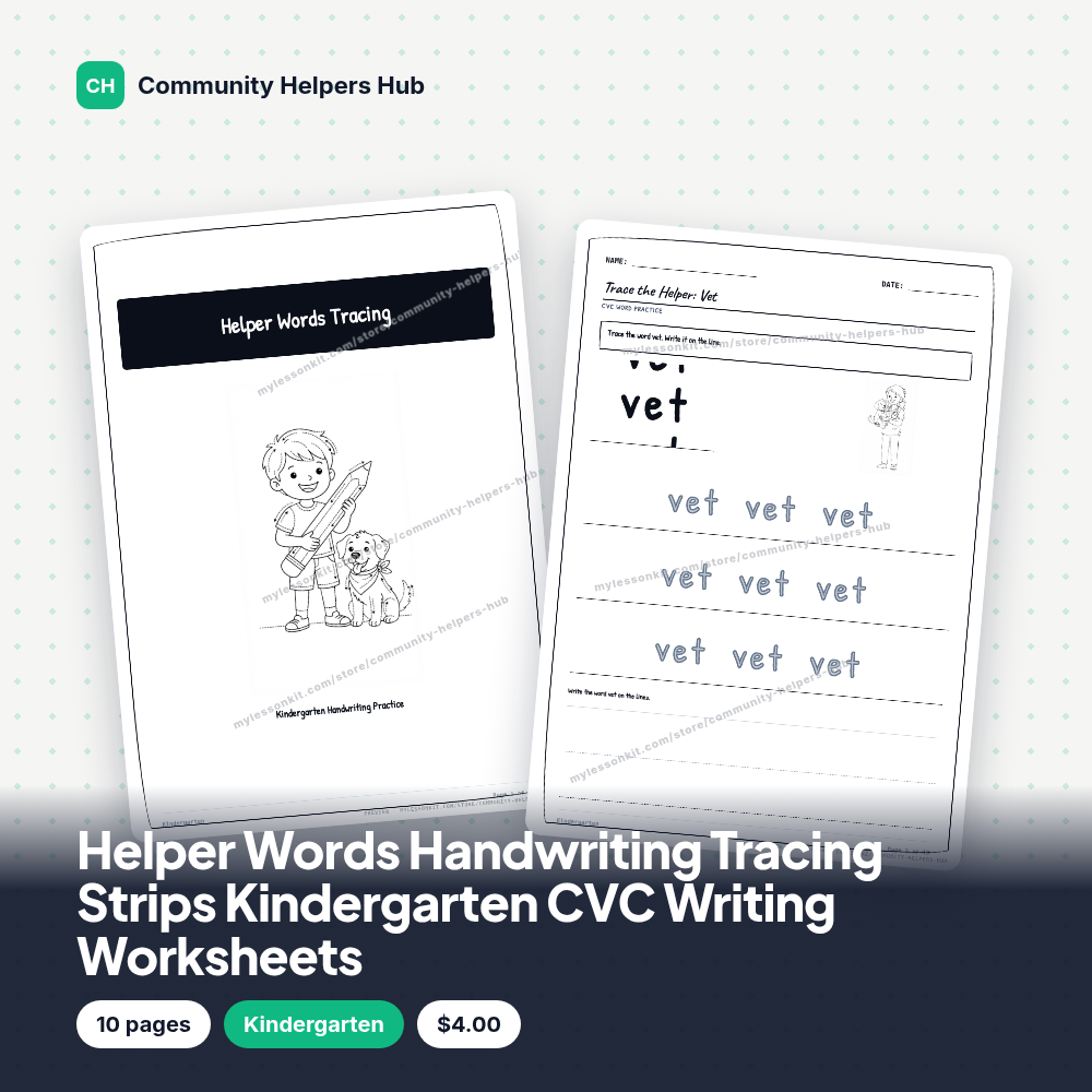 Helper Words Handwriting Tracing Strips Kindergarten CVC Writing Worksheets