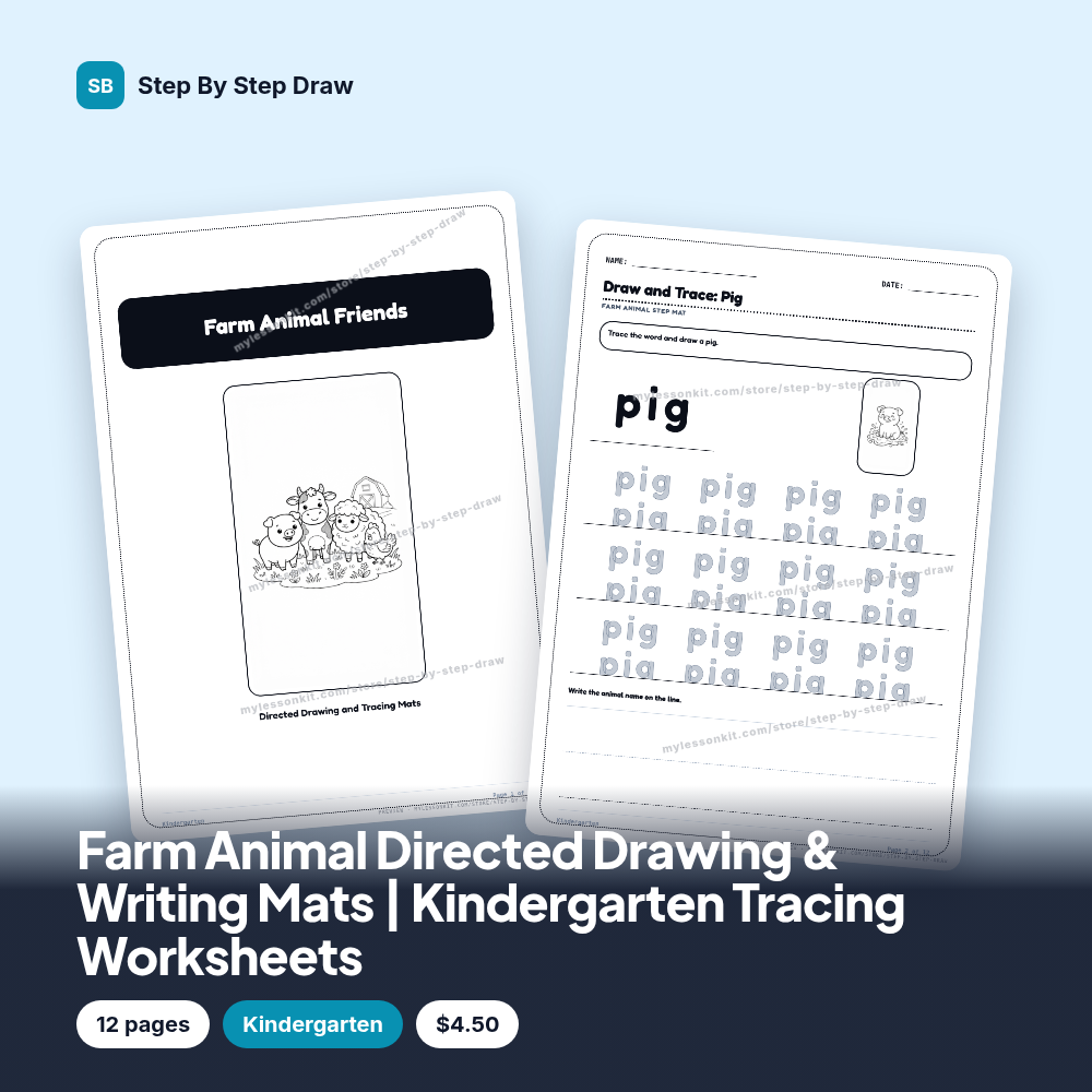 Farm Animal Directed Drawing & Writing Mats | Kindergarten Tracing Worksheets