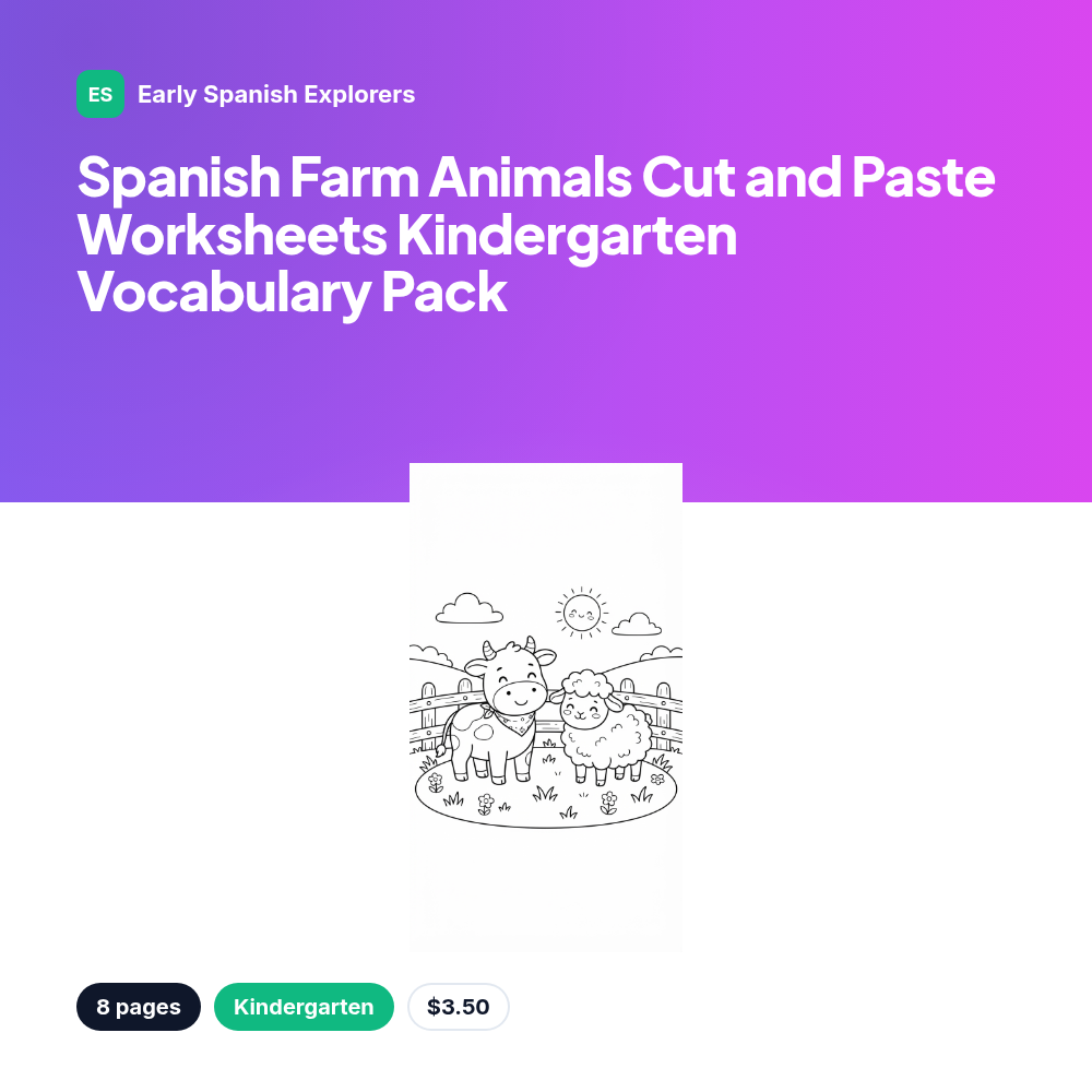 Spanish Farm Animals Cut and Paste Worksheets Kindergarten Vocabulary Pack