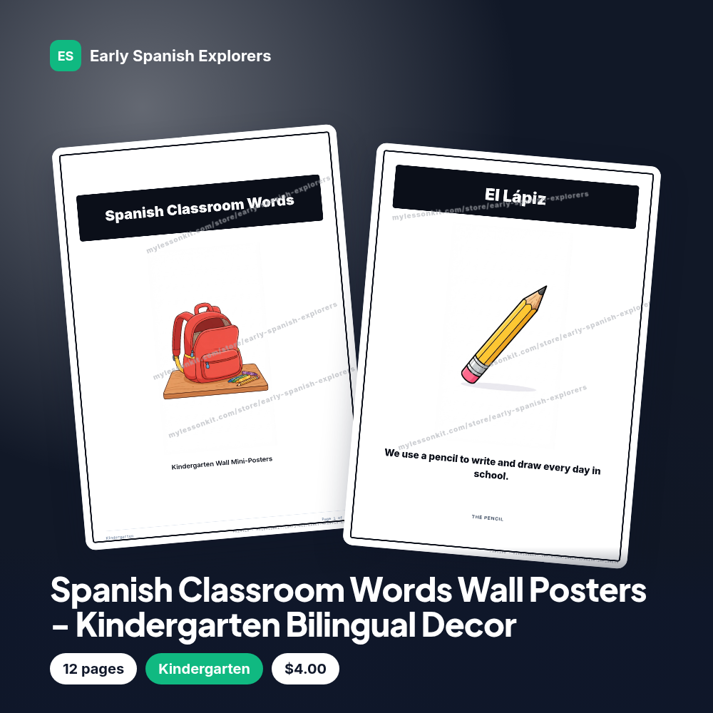 Spanish Classroom Words Wall Posters - Kindergarten Bilingual Decor