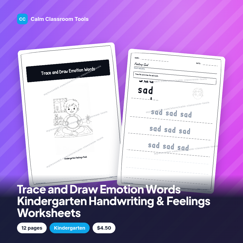 Trace and Draw Emotion Words Kindergarten Handwriting & Feelings Worksheets