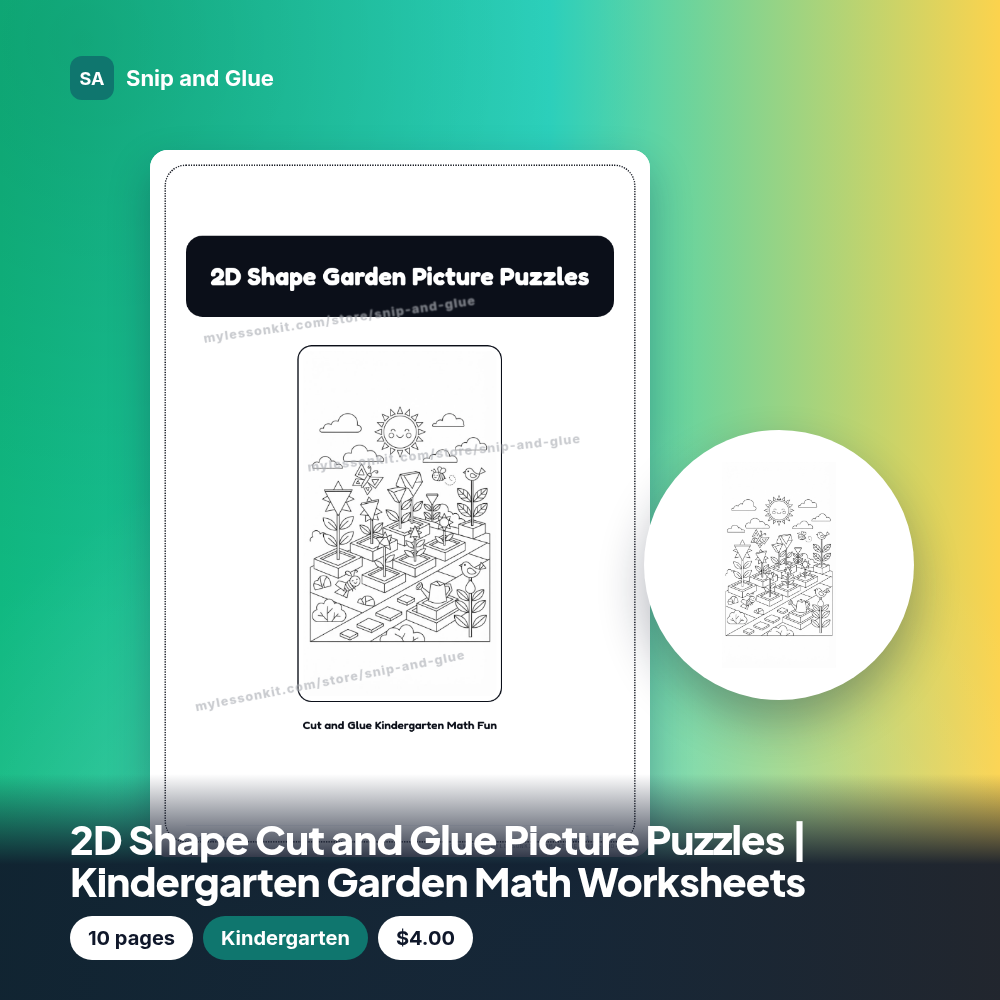 2D Shape Cut and Glue Picture Puzzles | Kindergarten Garden Math Worksheets