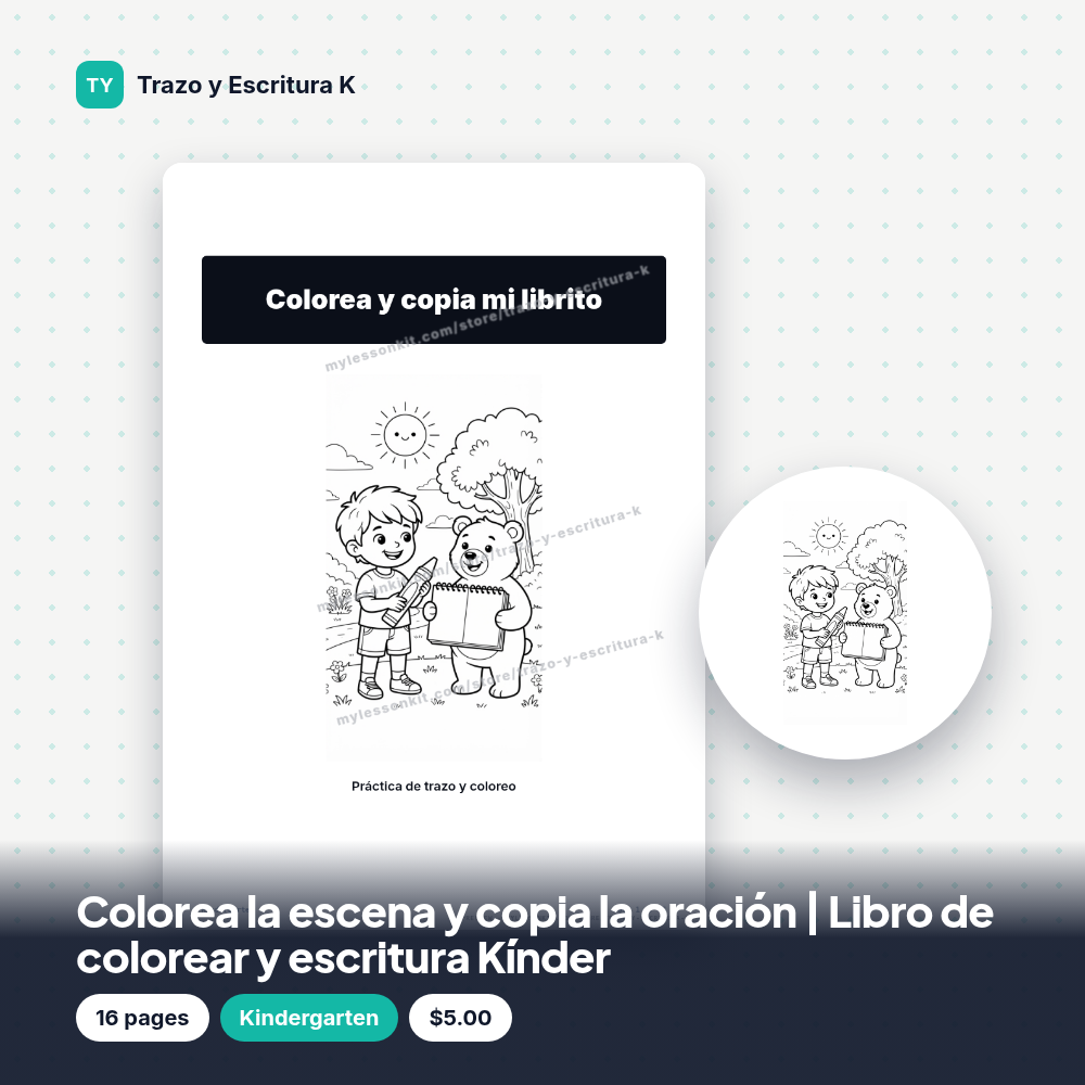 Colorea la escena y copia la oración | Libro de colorear y escritura Kínder