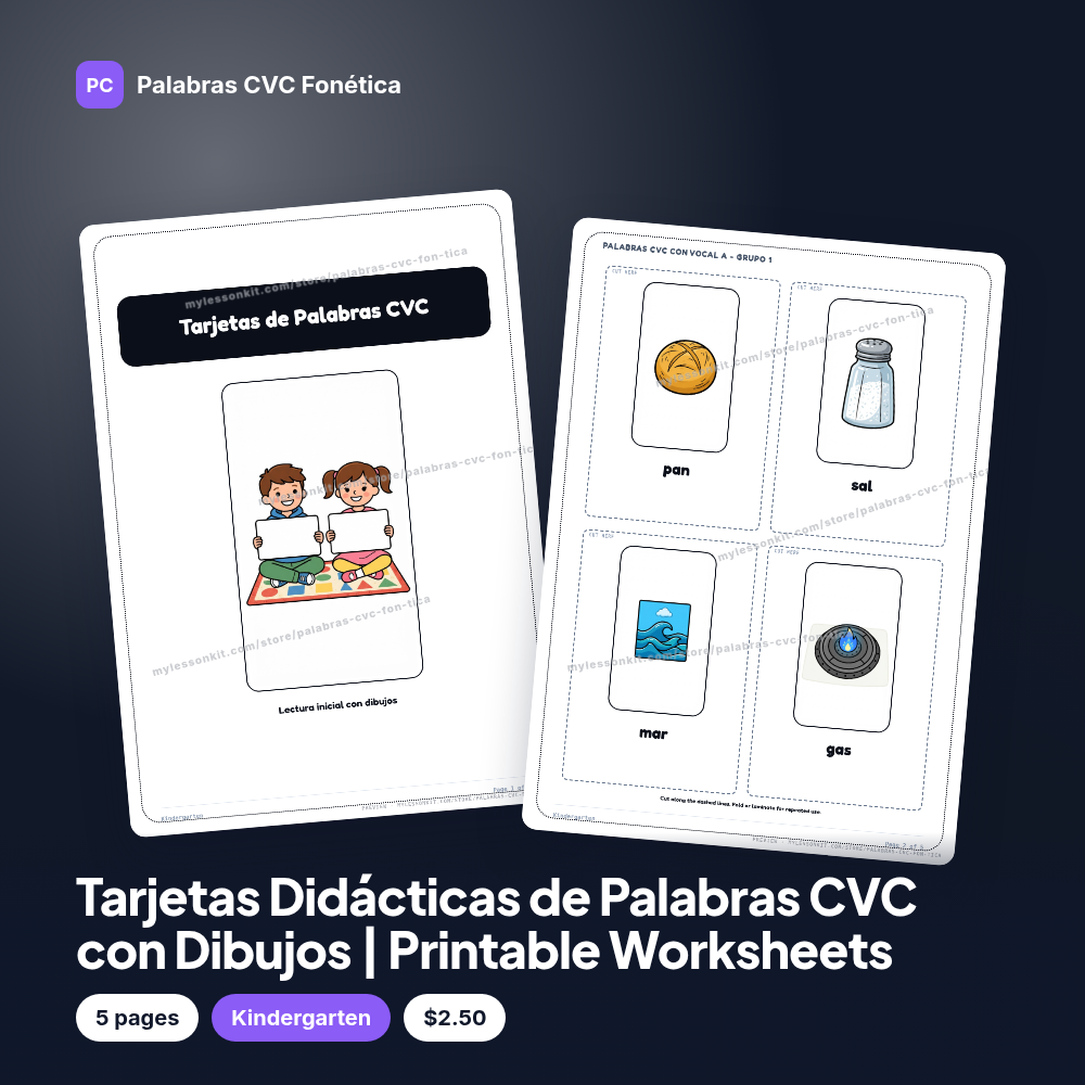 Tarjetas Didácticas de Palabras CVC con Dibujos | Printable Worksheets