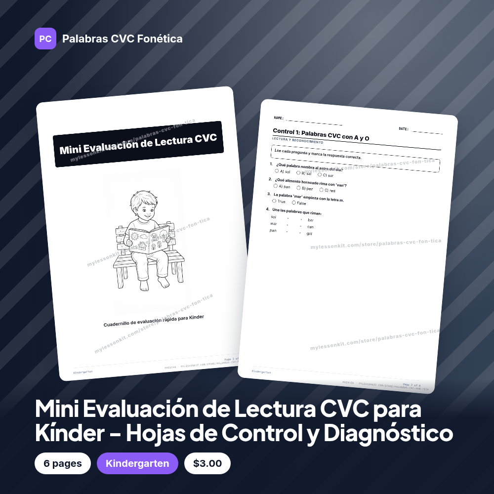Mini Evaluación de Lectura CVC para Kínder - Hojas de Control y Diagnóstico