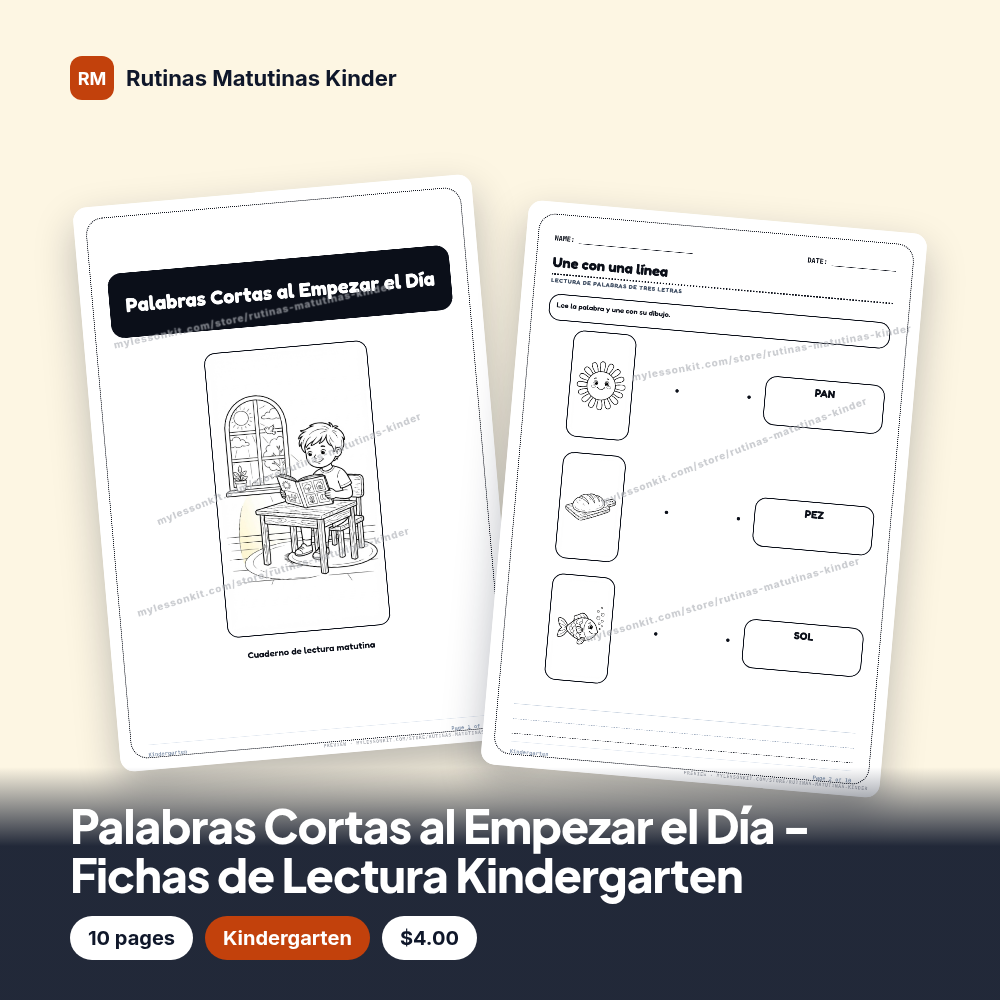 Palabras Cortas al Empezar el Día - Fichas de Lectura Kindergarten