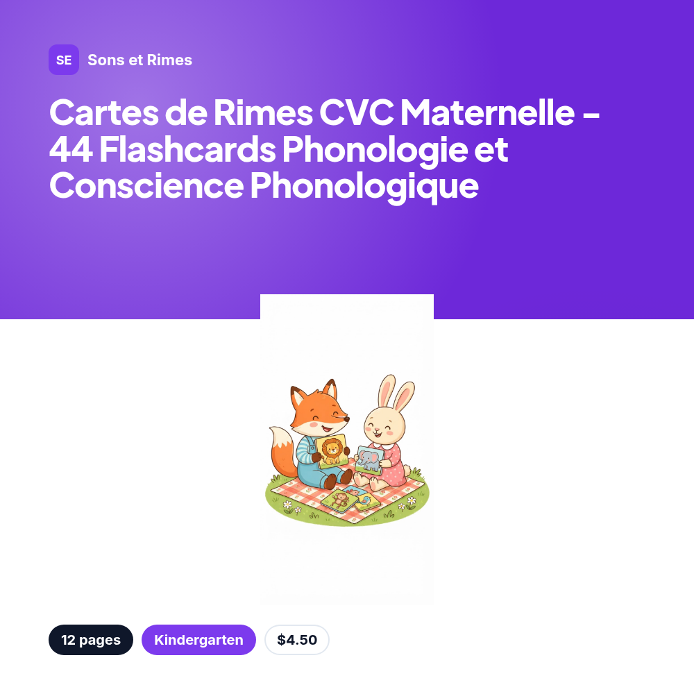 Cartes de Rimes CVC Maternelle - 44 Flashcards Phonologie et Conscience Phonologique