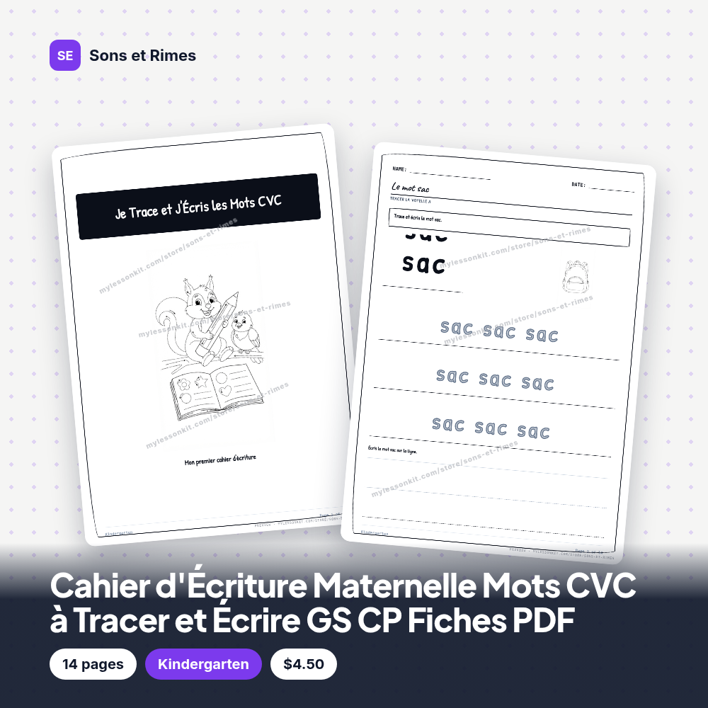 Cahier d'Écriture Maternelle Mots CVC à Tracer et Écrire GS CP Fiches PDF