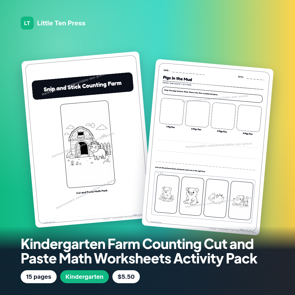 Kindergarten Farm Counting Cut and Paste Math Worksheets Activity Pack