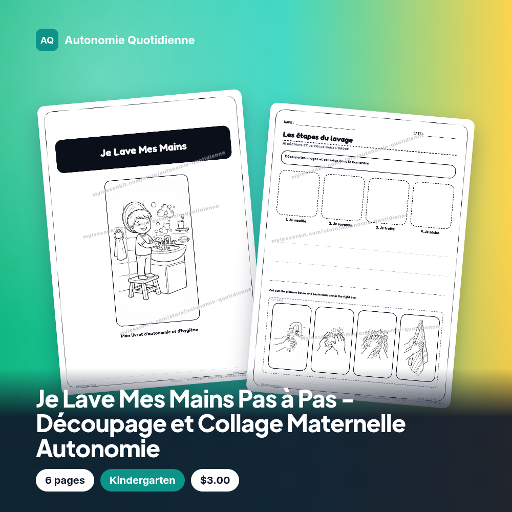 Je Lave Mes Mains Pas à Pas - Découpage et Collage Maternelle Autonomie