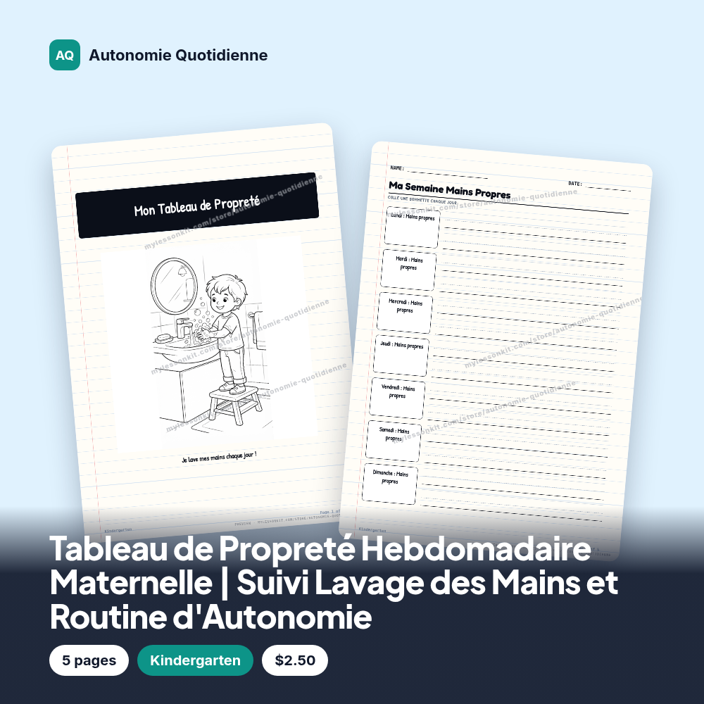 Tableau de Propreté Hebdomadaire Maternelle | Suivi Lavage des Mains et Routine d'Autonomie